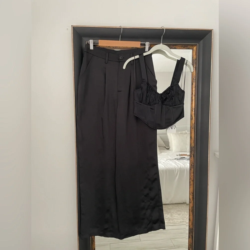 ASOS Black Silk Wide Leg Pants + Zara Black Corset Top // TWO PIECE SET - Picture 7 of 13